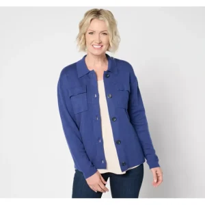Isaac Mizrahi Live! Button Front Sweater Jacket with Collar - a world of fashionable women's clothing, including a wide selection of dresses and trendy accessories.> Coats