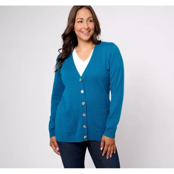 Shop All<Isaac Mizrahi Live! Cashmere Button Front Cardigan with Pockets - a world of fashionable women's clothing, including a wide selection of dresses and trendy accessories.