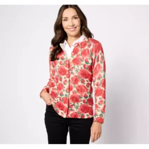 Isaac Mizrahi Live! Cashmere Floral Printed Button Front Cardigan - a world of fashionable women's clothing, including a wide selection of dresses and trendy accessories.> Hat
