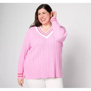 Isaac Mizrahi Live! Clubhouse Cable V-Neck Sweater with Tipping - a world of fashionable women's clothing, including a wide selection of dresses and trendy accessories.> Hat