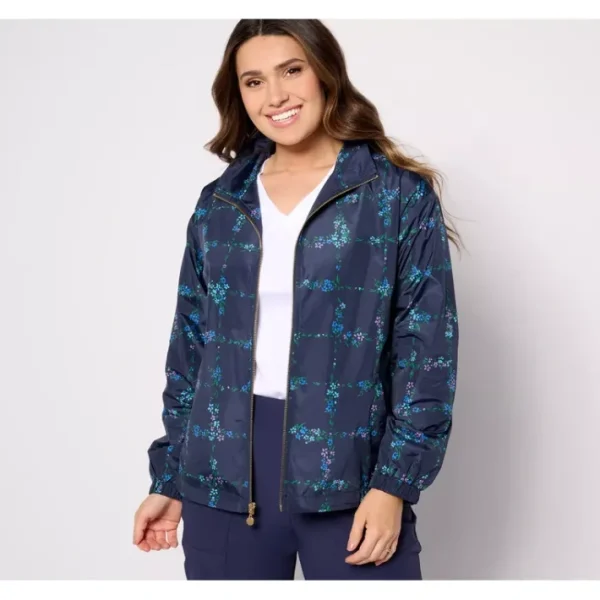 Shop All<Isaac Mizrahi Live! Clubhouse Print Zip Front Windbreaker - a world of fashionable women's clothing, including a wide selection of dresses and trendy accessories.