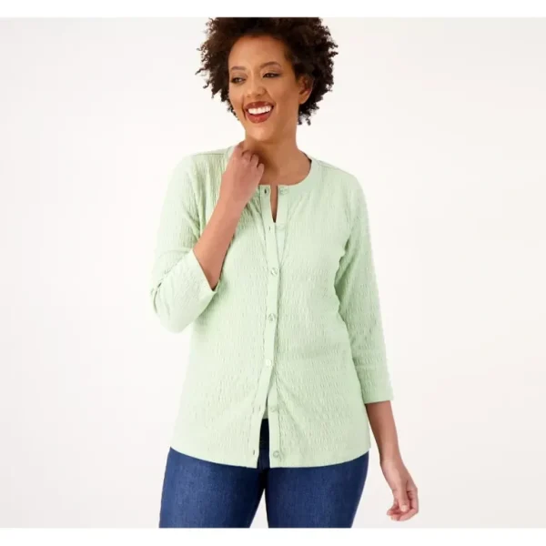 Isaac Mizrahi Live! Crinkle Knit 3/4 Sleeve Cardigan - a world of fashionable women's clothing, including a wide selection of dresses and trendy accessories.> Hat