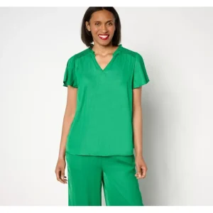 Isaac Mizrahi Live! Crinkle Satin Blouse with Smocking Detail - a world of fashionable women's clothing, including a wide selection of dresses and trendy accessories.> Hat