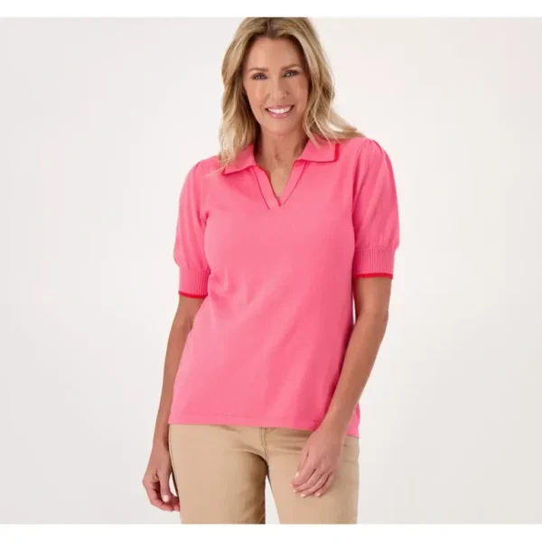 Isaac Mizrahi Live! Elbow Sleeve Polo Sweater - a world of fashionable women's clothing, including a wide selection of dresses and trendy accessories.> Hat