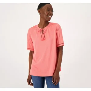 Isaac Mizrahi Live! Elbow Sleeve Top with Lattice Trim - a world of fashionable women's clothing, including a wide selection of dresses and trendy accessories.> Hat