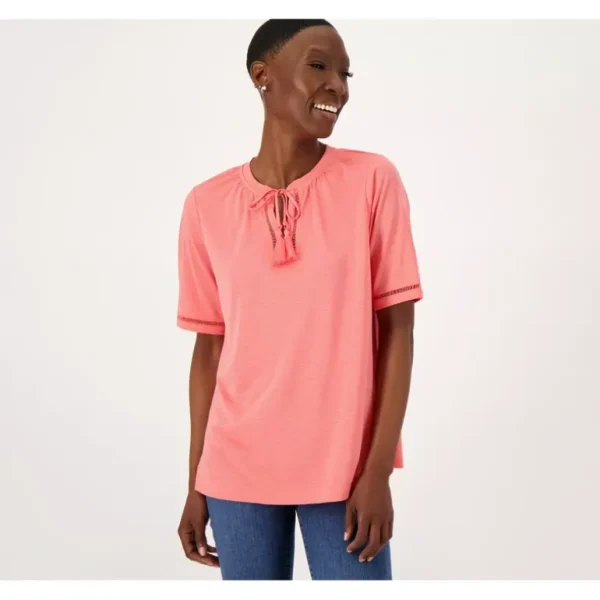 Isaac Mizrahi Live! Elbow Sleeve Top with Lattice Trim - a world of fashionable women's clothing, including a wide selection of dresses and trendy accessories.> Hat