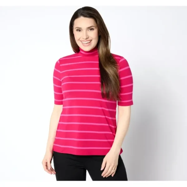 Shop All<Isaac Mizrahi Live! Elbow Sleeve Yarn Dye Stripe Mock Neck Top - a world of fashionable women's clothing, including a wide selection of dresses and trendy accessories.