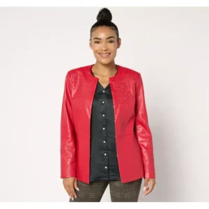 Isaac Mizrahi Live! Embroidered Faux Leather Jacket - a world of fashionable women's clothing, including a wide selection of dresses and trendy accessories.> Coats
