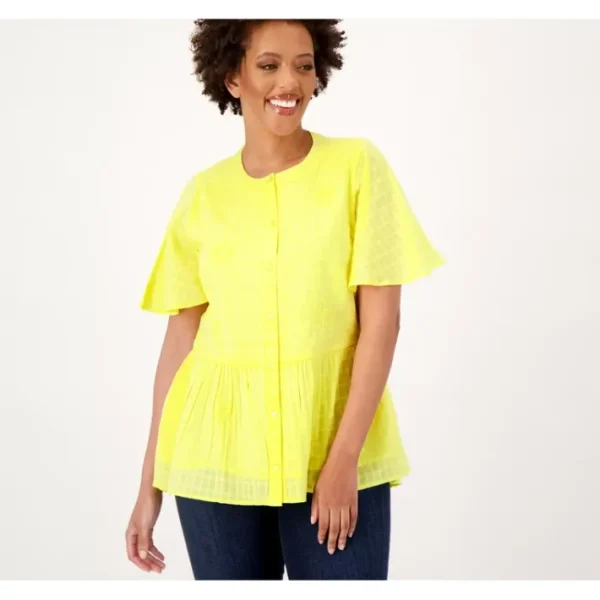 Dresses<Isaac Mizrahi Live! Embroidered Textured Blouse - a world of fashionable women's clothing, including a wide selection of dresses and trendy accessories.