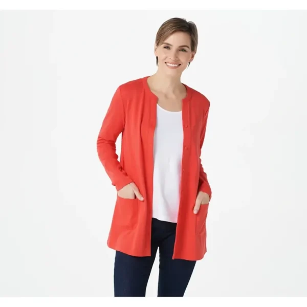 Isaac Mizrahi Live! Essentials Pima Cotton Button Front Cardigan - a world of fashionable women's clothing, including a wide selection of dresses and trendy accessories.> Hat