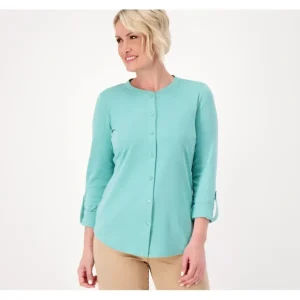 Isaac Mizrahi Live! Essentials Pima Cotton Button Front Top - a world of fashionable women's clothing, including a wide selection of dresses and trendy accessories.> Hat