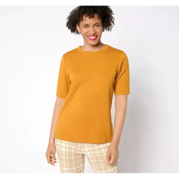 Shop All<Isaac Mizrahi Live! Essentials Pima Cotton Elbow Sleeve Top - a world of fashionable women's clothing, including a wide selection of dresses and trendy accessories.