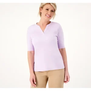 Isaac Mizrahi Live! Essentials Pima Cotton Split Neck Top - a world of fashionable women's clothing, including a wide selection of dresses and trendy accessories.> Hat