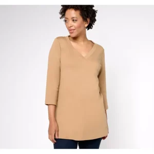 Isaac Mizrahi Live! Essentials Pima Cotton Vneck Tunic - a world of fashionable women's clothing, including a wide selection of dresses and trendy accessories.> Hat