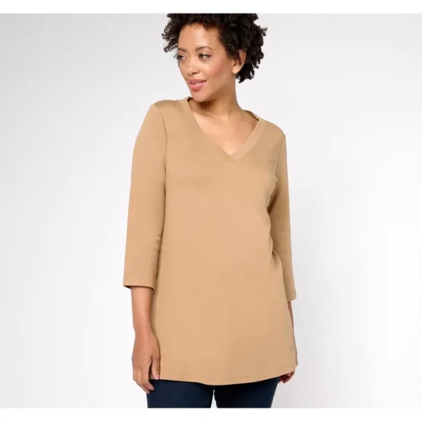 Isaac Mizrahi Live! Essentials Pima Cotton Vneck Tunic - a world of fashionable women's clothing, including a wide selection of dresses and trendy accessories.> Hat