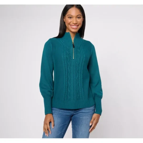 Shop All<Isaac Mizrahi Live! Estate Cable Knit Half Zip Pullover - a world of fashionable women's clothing, including a wide selection of dresses and trendy accessories.