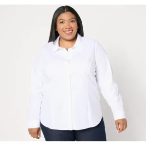 Isaac Mizrahi Live! Estate Print or Solid Stretch Poplin Blouse - a world of fashionable women's clothing, including a wide selection of dresses and trendy accessories.> Hat
