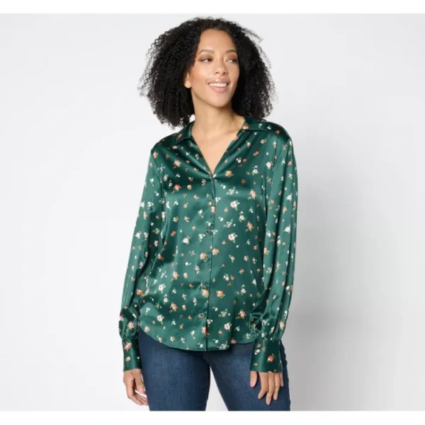 Shop All<Isaac Mizrahi Live! Estate Printed Stretch Sateen Button Blouse - a world of fashionable women's clothing, including a wide selection of dresses and trendy accessories.