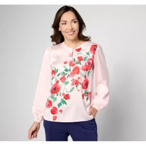 Isaac Mizrahi Live! Floral Printed Stretch Charmeuse Blouse - a world of fashionable women's clothing, including a wide selection of dresses and trendy accessories.> Hat