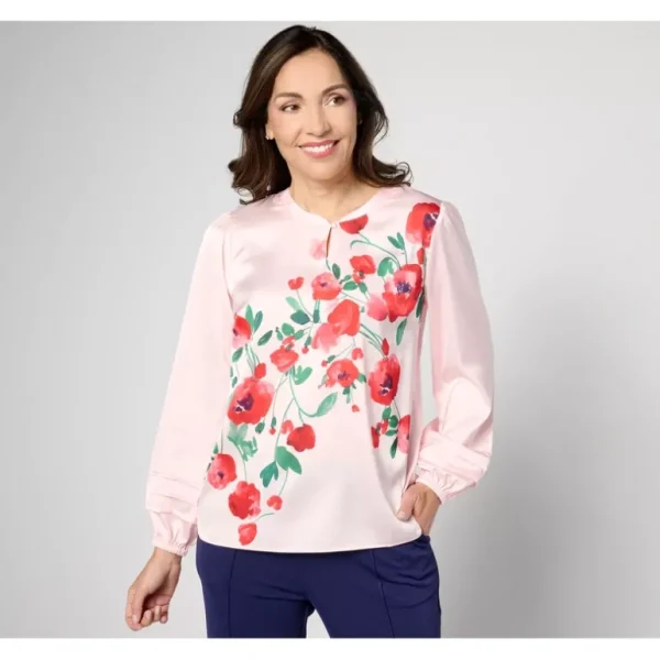 Isaac Mizrahi Live! Floral Printed Stretch Charmeuse Blouse - a world of fashionable women's clothing, including a wide selection of dresses and trendy accessories.> Hat