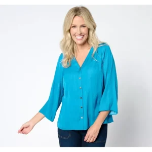 Isaac Mizrahi Live! Flowy Crinkle Satin Button Front Blouse - a world of fashionable women's clothing, including a wide selection of dresses and trendy accessories.> Hat