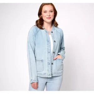 Isaac Mizrahi Live! Indigo True Denim Bomber Jacket w/ Stud Detail - a world of fashionable women's clothing, including a wide selection of dresses and trendy accessories.> Hat
