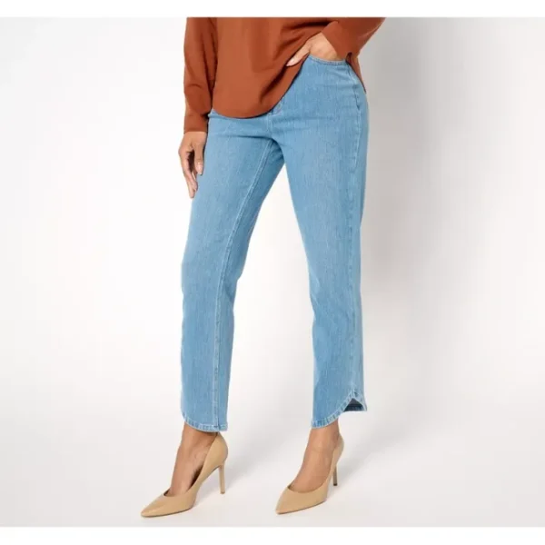 Shop All<Isaac Mizrahi Live! Knit Denim Pull On Ankle Jeans w/ Tulip Hem - a world of fashionable women's clothing, including a wide selection of dresses and trendy accessories.