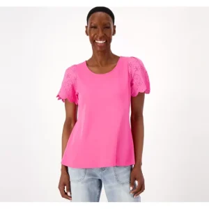 Isaac Mizrahi Live! Knit Swing Top with Eyelet Sleeves - a world of fashionable women's clothing, including a wide selection of dresses and trendy accessories.> Hat