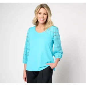 Isaac Mizrahi Live! Pebble Knit Top with Scoop Neck Lace Sleeves - a world of fashionable women's clothing, including a wide selection of dresses and trendy accessories.> Hat