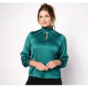 Dresses<Isaac Mizrahi Live! Pebble Satin High Neck Blouse - a world of fashionable women's clothing, including a wide selection of dresses and trendy accessories.