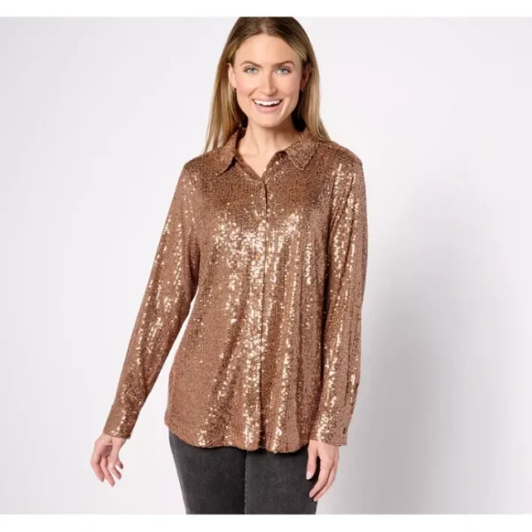 Shop All<Isaac Mizrahi Live! Petite Always Isaac Knit Sequin Top - a world of fashionable women's clothing, including a wide selection of dresses and trendy accessories.