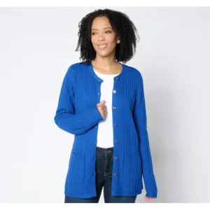 Isaac Mizrahi Live! Petite Button Front Texture Stitch Cardigan - a world of fashionable women's clothing, including a wide selection of dresses and trendy accessories.> Hat