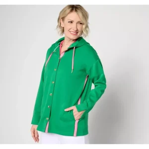 Isaac Mizrahi Live! Petite Clubhouse Scuba Knit Snap Front Tunic w/ Hood - a world of fashionable women's clothing, including a wide selection of dresses and trendy accessories.> Hat