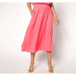 Isaac Mizrahi Live! Petite Crinkle Satin Pull-On Midi Skirt - a world of fashionable women's clothing, including a wide selection of dresses and trendy accessories.> Hat