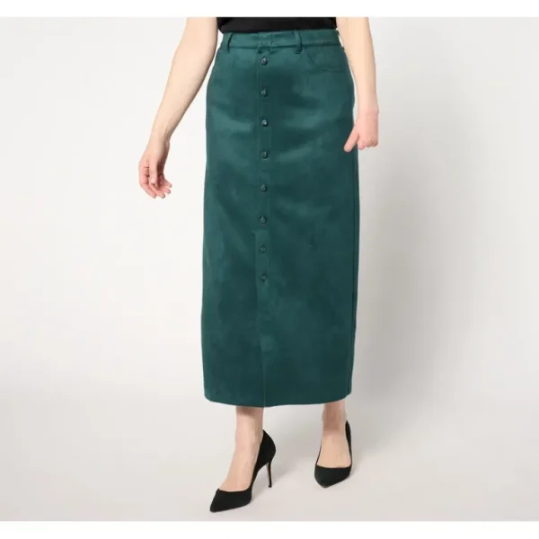 Isaac Mizrahi Live! Petite Estate Stretch Faux Suede Midi Skirt - a world of fashionable women's clothing, including a wide selection of dresses and trendy accessories.> Hat