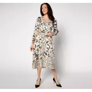 Dresses<Isaac Mizrahi Live! Petite Floral Printed Faux Wrap Midi Dress - a world of fashionable women's clothing, including a wide selection of dresses and trendy accessories.