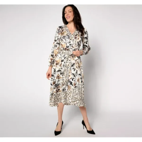 Dresses<Isaac Mizrahi Live! Petite Floral Printed Faux Wrap Midi Dress - a world of fashionable women's clothing, including a wide selection of dresses and trendy accessories.