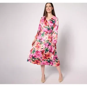 Dresses<Isaac Mizrahi Live! Petite Floral Printed Ruched Long Sleeve Dress - a world of fashionable women's clothing, including a wide selection of dresses and trendy accessories.