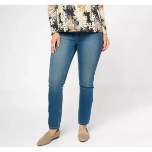 Isaac Mizrahi Live! Petite Indigo Devine Denim Pull On Jeans - a world of fashionable women's clothing, including a wide selection of dresses and trendy accessories.> Hat