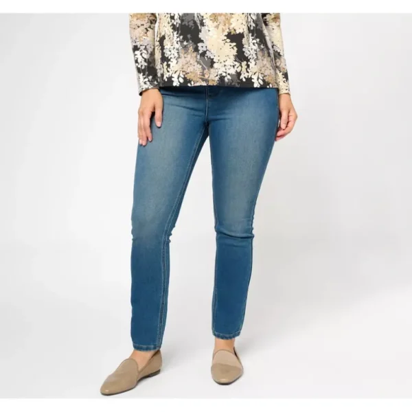 Isaac Mizrahi Live! Petite Indigo Devine Denim Pull On Jeans - a world of fashionable women's clothing, including a wide selection of dresses and trendy accessories.> Hat