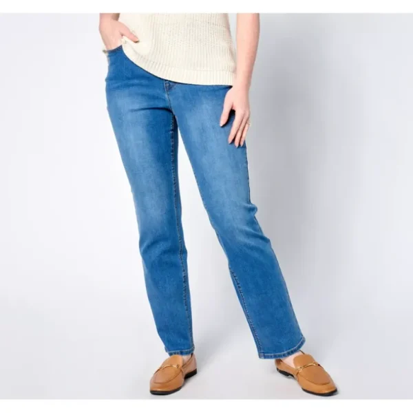 Isaac Mizrahi Live! Petite Indigo Pull On Straight Jeans Straight Jeans - a world of fashionable women's clothing, including a wide selection of dresses and trendy accessories.> Hat