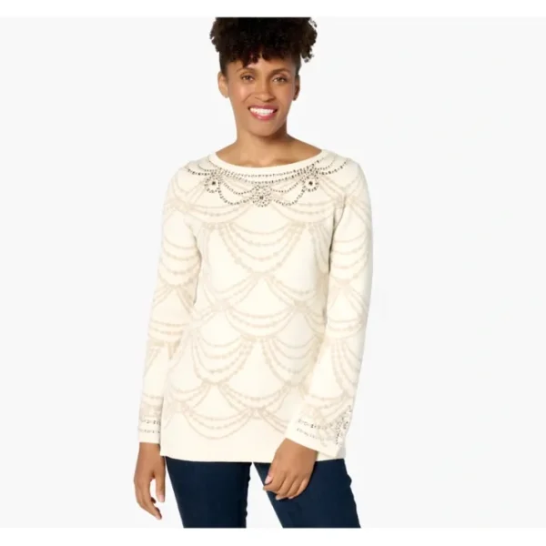 Fashion<Isaac Mizrahi Live! Petite Jacquard Sweater with Metallic Detail - a world of fashionable women's clothing, including a wide selection of dresses and trendy accessories.