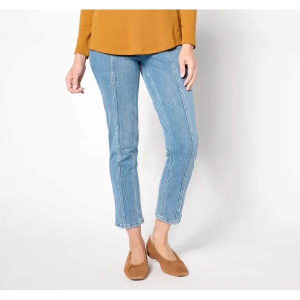 Isaac Mizrahi Live! Petite Knit Denim Straight Leg Ankle Jeans - a world of fashionable women's clothing, including a wide selection of dresses and trendy accessories.> Hat