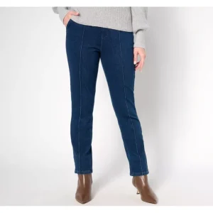 Isaac Mizrahi Live! Petite Knit Denim Straight Leg Trouser Jeans - a world of fashionable women's clothing, including a wide selection of dresses and trendy accessories.> Hat