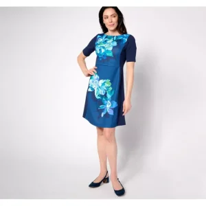Dresses<Isaac Mizrahi Live! Petite Placement Print Elbow Sleeve Shift Dress - a world of fashionable women's clothing, including a wide selection of dresses and trendy accessories.