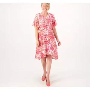 Dresses<Isaac Mizrahi Live Petite Printed Crepe Midi Dress w/Ruffle - a world of fashionable women's clothing, including a wide selection of dresses and trendy accessories.