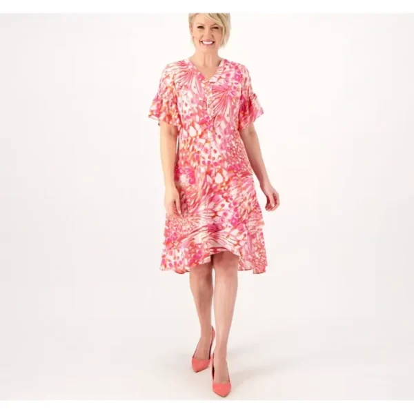 Dresses<Isaac Mizrahi Live Petite Printed Crepe Midi Dress w/Ruffle - a world of fashionable women's clothing, including a wide selection of dresses and trendy accessories.