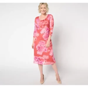 Dresses<Isaac Mizrahi Live! Petite Printed Mesh 3/4-Sleeve Midi Dress - a world of fashionable women's clothing, including a wide selection of dresses and trendy accessories.