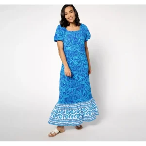 Dresses<Isaac Mizrahi Live! Petite Printed Puff Sleeve Midi Dress - a world of fashionable women's clothing, including a wide selection of dresses and trendy accessories.