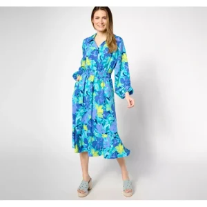 Dresses<Isaac Mizrahi Live! Petite Printed Stretch Crepe Midi Dress - a world of fashionable women's clothing, including a wide selection of dresses and trendy accessories.